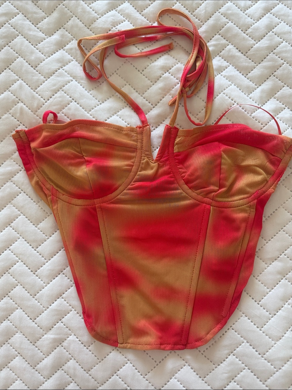 Fashion Nova Red and Orange Tie-Dye Bustier Crop Top